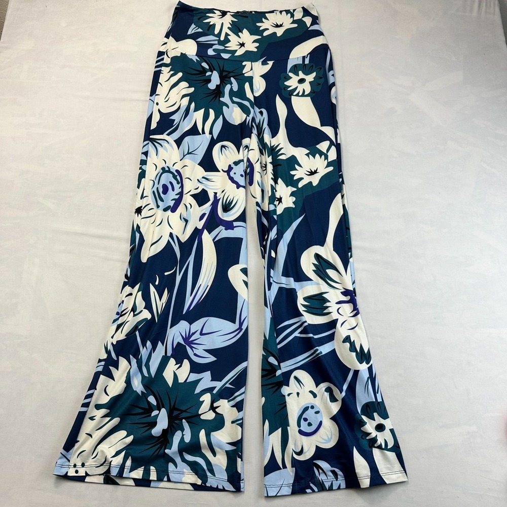 Arolina Palazzo Pants Womens S Blue Floral Stretch High Waist Wide Leg Pull On
